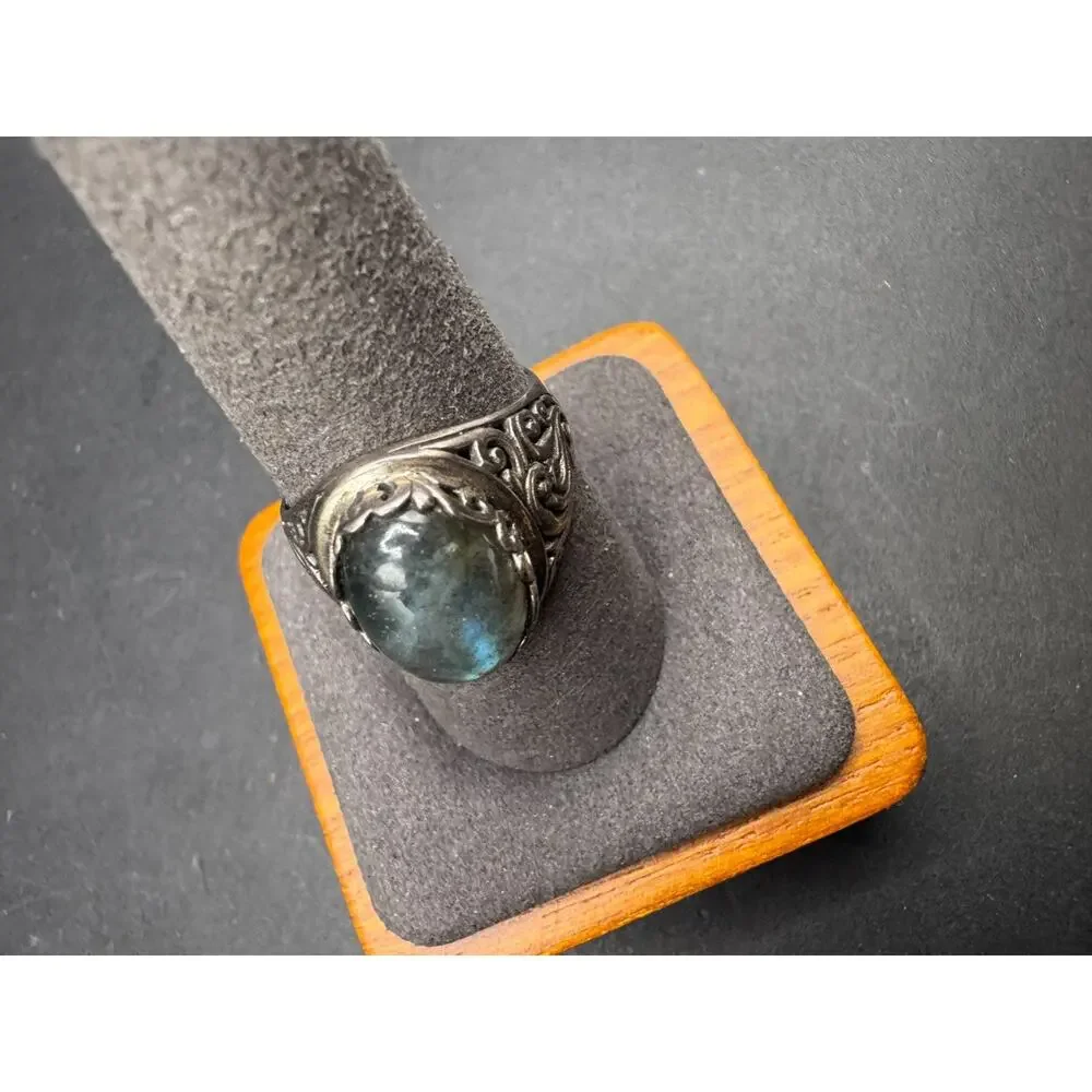 Vintage 925 Sterling Silver Signed Labradorite Statement Filigree Ring Sz 9
